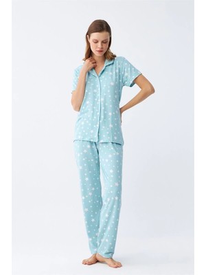 Melonika Kadın Buz Mavisi Yıldız Desenli Önden Düğmeli Pijama Takımı Çmş