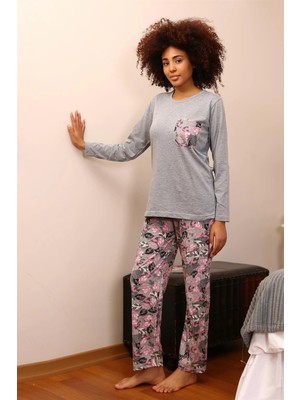 Melonika Kadın Uzun Kol Penye Pijama Takım Gri Çmş