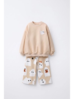 Magu Çocuk Desenli Ekru Sweatshirt ve Bol Paça Eşofman Takımı