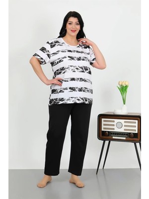 Melonika Kadın Büyük Beden Kısa Kol Penye Pijama Takımı Beyaz Çmş