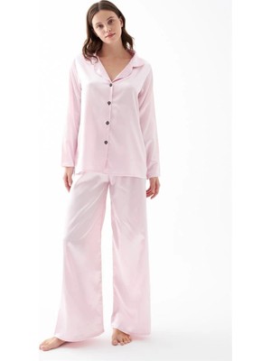 Melonika Kadın Pembe Oversize Saten Pijama Takımı – Rahat Kesim Şık Ev Giyim Seti Çmş
