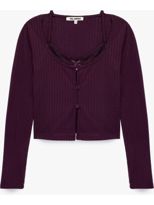 Koton Ikili Katmanlı Dantel Detaylı Slim Fit Kaşkorse Bisiklet Yaka Uzun Kollu Tişört