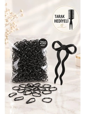 Invictus Design Kadın Siyah 250 Adet Perma Silikon Örgü Minik Esnek Lastik Toka ve Fiyonk Figürlü Gizli Topuz Firkete Saç Pin 2' Li Set Profesyonel Üç Yönlü Tarak Hediyeli