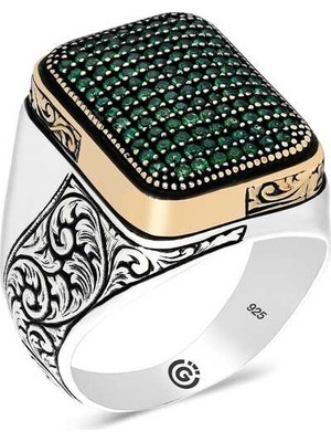 Hanno Telkari Gümüş Yeşil Zirkon Taşlı Kare Erkek Yüzük