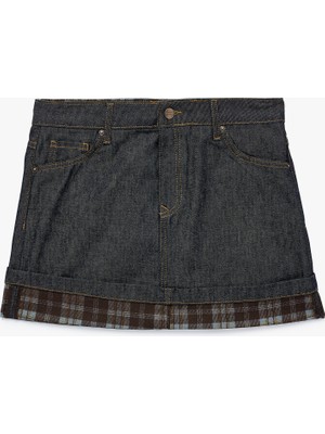 Koton Normal Bel Düğmeli Cepli Pamuklu Ekose Kat Detaylı Mini Denim Etek