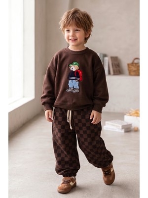 Babymod Erkek Çocuk Ayıcık Işlemeli 3 Iplik Pamuklu Kumaş Sweatshirt ve Damalı Eşofman Altüst Takım Kahverengi