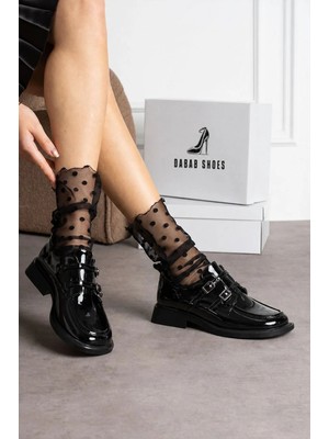 Dabab Shoes Elvan Kadın Siyah Rugan Küt Burun Çift Toka Detaylı Kalın Taban Loafer Ayakkabı