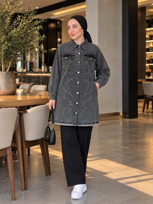 Esra Butik 🖤 Kot Ceket – Desenli, Düğmeli, Büyük Beden Uyumlu