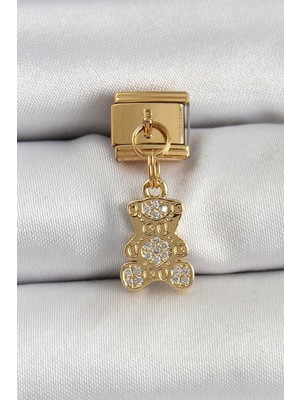 316L Çelik Sallantılı Zirkon Taşlı Ayıcık Model Gold Renk Nomination Charm - TJ-BC1413
