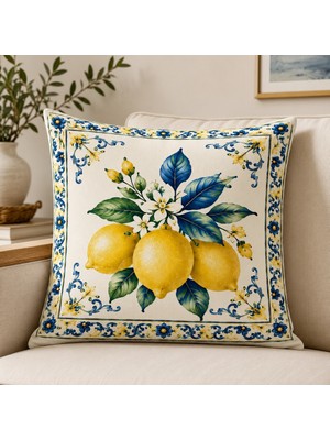 Elvoran Joy Akdeniz Limon Desenli Dekoratif 2 Adet Kırlent Kılıfı 43X43 cm | Mavi Beyaz Seramik Motifli