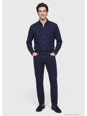 Ramsey Lacivert Dokuma Slim Fit Casual Pamuk Karışımlı Pantolon