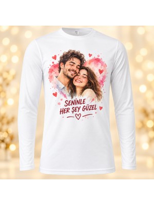 Belirtilmemiş Kişiye Özel Fotoğraf ve Yazı Baskılı Beyaz Uzun Kollu Unisex Tişört
