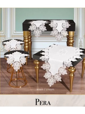 Ceki Home Dantelli Keten Masa Örtüsü Runner Seti Çeyizlik Pera Model No 3982 Krem 5 Parça Salon Takımı