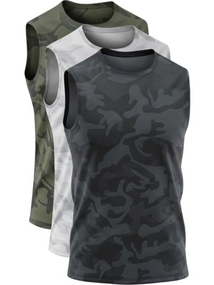 Serablanka 3'lü Erkek Nem Emici Hızlı Kuruma Atletik Teknik Sporcu Sıfır Kol T-Shirt Siyah-Gri-Haki