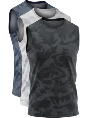 Serablanka 3'lü Erkek Nem Emici Hızlı Kuruma Atletik Teknik Sporcu Sıfır Kol T-Shirt Siyah-Gri-Füme