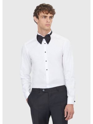 Ramsey Beyaz Düz Slim Fit Duble Manşet Smokin Gömlek