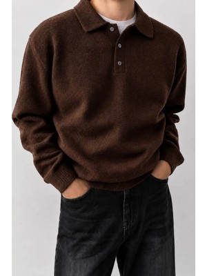 Serablanka Erkek Polo Yaka Oversize Triko Kazak – Rahat Kalıp Kahverengi