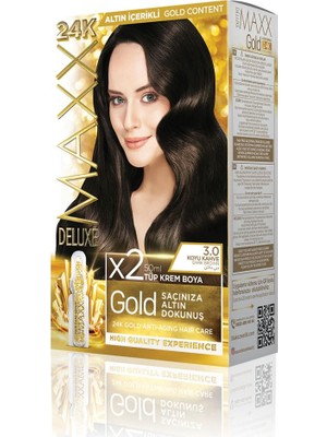 Esranın Dünyası Maxx Deluxe Gold Serisi 24K Altın Parçacıklı Serum ile 1 Kutu 2 x 50 ml ve Geliştiriciler Saç Boyası (Koyu Kahve 3.0)