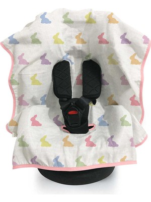 Esranın Dünyası Deux LAPINS%100 Pamuk Müslin Puset & Oto Koltuk Örtüsü - Rainbow Lapin Pink POKORT-RLP-000STD