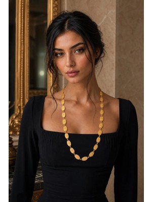 Allona Kadın Gold Renk Yaprak Dizili Uzun Kolye KOLYE-056 & Premium Kutu