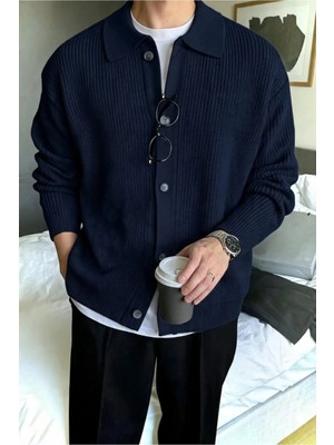 Serablanka Erkek Polo Yaka Oversize Triko Hırka Lacivert