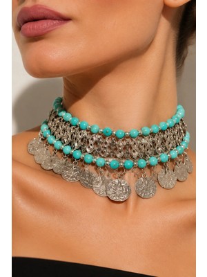 Allona Pul Detaylı Boncuklu Choker Kolye - Etnik Modern Kadın Aksesuar & Premium Kutu