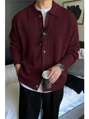 Serablanka Erkek Polo Yaka Oversize Triko Hırka Bordo
