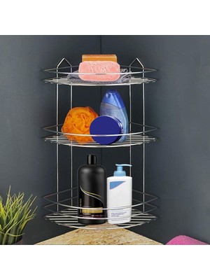 Esranın Dünyası BADEM10 Banyo Duş Rafı Şampuanlık Köşelik Oval Krom 3 Katlı Malzemelik Organizer Düzenleyici Mutfak Eşya Rafı