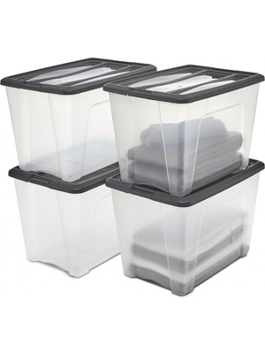 Esranın Dünyası Iris Ohyama, Saklama Kutuları, Saklama Kutusu Çok Fonksiyonlu, 4'lü Set Plastik Kutu 60 L, Kapak, Ergonomik Sap, Çatı Katı, Oda, Oturma Odası - New Top Box Ntb-60 - Siyah