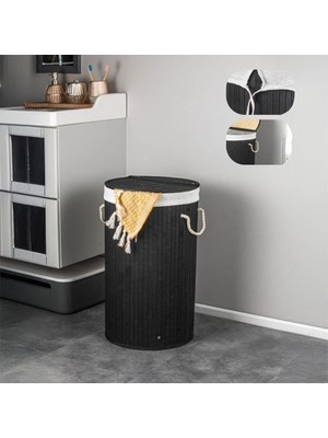 Esranın Dünyası Deconox El Yapımı Hasır Katlanır Çamaşır Sepeti Yuvarlak 55 Litre (35CM*35CM*61CM), Doğal Malzemeden Üretilmiş Çamaşırlık (Siyah)