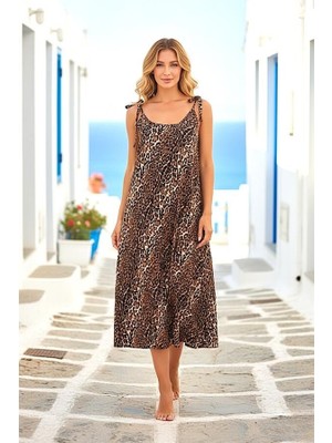 Ayessa Leopar Desenli Askılı Uzun Elbise S-M - Leopar