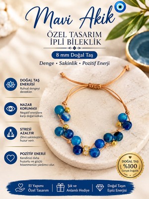 Leyan Doğal Taş Orijinal Mavi Akik Doğal Taş Bileklik - 8 mm El Yapımı Ayarlanabilir Ipli Makrome Bileklik