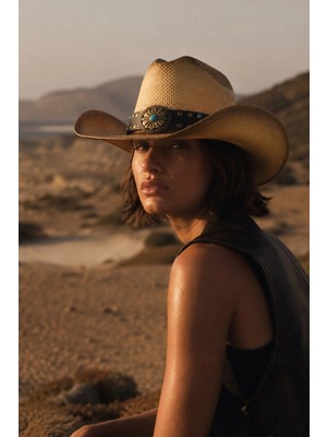 Külah Deri Şeritli Zımbalı Hasır Şapka Premium Classic Western Festival Beach Rave Hat