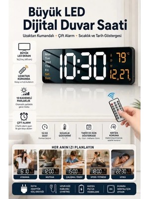 Glftech 16,2 Inç Büyük LED Dijital Duvar Saati Uzaktan Kumandalı Çift Alarm Tarih Sıcaklık Göstergeli