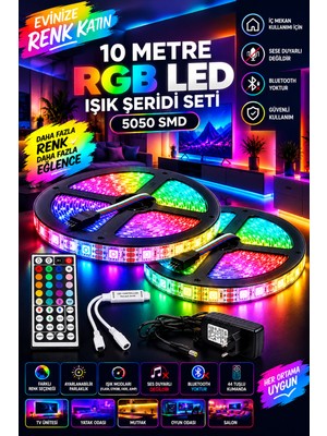 EVİMLED Rgb LED 10 Metre 44 Tuş Kumanda 5050 Smd 3 Çip Tak Çalıştır Set Slikonsuz Iç Mekan