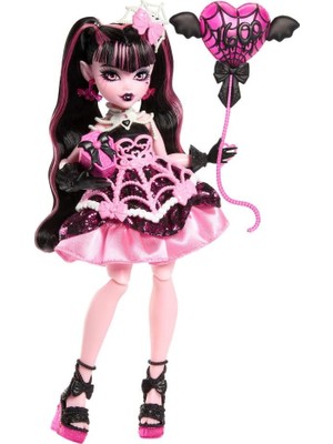 Brf Store Prime Monster High Pembe Parti Elbisesi Giyen Doğum Günü Draculaura Bebek ve Davetiye, Balon, Hediye
