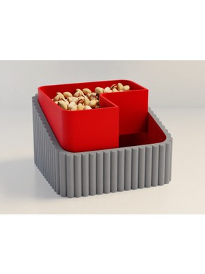 Brf Store Prime Fıstık Kasesi – 3D Baskı Çift Hazneli Kabuk Ayırıcı Sunum Kasesi - Gri Kırmızı
