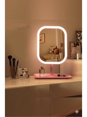 Esranın Dünyası Duffa LED Işıklı Ayarlabilir Makyaj Aynası, USB Şarj Edilebilir, 3 Işık Fonksiyonu, Parlaklık Ayarlı ve Organizer Tabanlı Taşınabilir Kozmetik Ayna- Pembe
