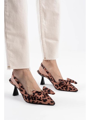 Alfaze Leopar Saten Fiyonklu Sivri Burun Kitten Topuklu Slingback Ayakkabı Topuk Boyu 6,5 cm