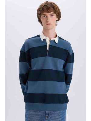 Esranın Dünyası Defacto Boxy Fit Polo Yaka Çizgili Sweatshirt D1784AX24WN