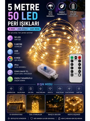 Esranın Dünyası 5 Metre Sarı 50 LED Işıklar Peri Işıkları 8 Mod Rgb Işıkları USB Sarı Renkli Işık Peri Dize Işıkları Tel Fonksiyonlu Süsleme Ince Telli Aydınlatmalı Şerit LED Yılbaşı Işık Yılbaşı Süsü