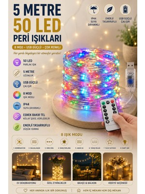 Esranın Dünyası 5 Metre Renkli 50LED Işıklar Peri Işıkları 8 Mod Rgb Işıkları USB Çok Renkli Işık Peri Dize Işıkları Tel Fonksiyonlu Süsleme Ince Telli Aydınlatmalı Şerit LED Yılbaşı Işık Yılbaşı Süsü