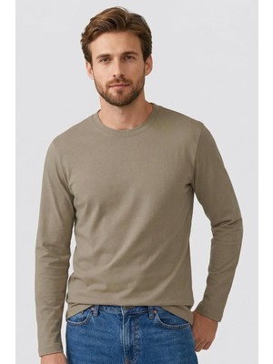 Esranın Dünyası Koyu Bej Standart Fit Basic O Yaka Uzun Kollu Ince Erkek T-Shirt - 87997
