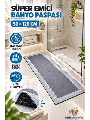 Mrt Bilişim Büyük Boy Sihirli Su Emici Tabanlı Uzun Paspas 50 x 120 cm Süper Emici Kaymaz Tabanlı Uzun Paspas Banyo Paspası 1 Adet