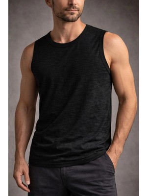 Erkek Flamlı Kumaş Kolsuz Atlet Günlük Fitness Spor T-Shirt - Siyah