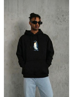 Tarz Yeri Erkek Survivor Penguin Baskılı 3 Iplik Pamuklu Kapüşonlu Sweatshirt Hoodie Siyah