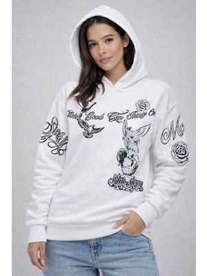 Tarz Yeri Kadın 3 Iplik Pamuklu Kapüşonlu Baskılı Sweatshirt Hoodie - Beyaz