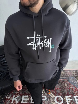 Tarz Yeri Erkek Üç Iplik Kapşonlu Baskılı Sweatshirt - Füme