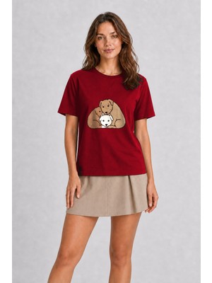Wakha Minimalist Tasarım Sevimli Köpekler Baskılı Tişört Grafiği - Kırmızı