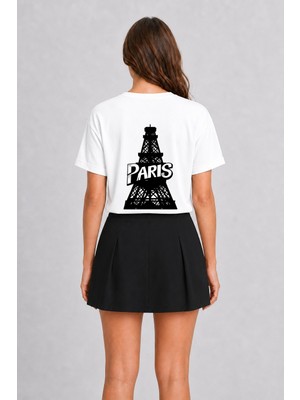 Wakha Paris Temalı Modern Unisex Tişört - Sırt Baskılı - Beyaz